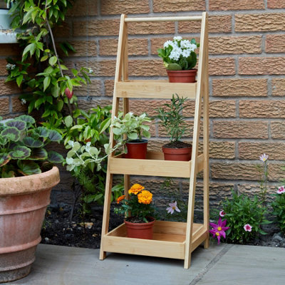 Home Source Bamboo 3 Tier Garden Plant Stand Ladder Tray Unit