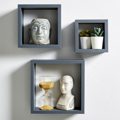 Home Source Berkley Set of 3 Cube Floating Storage Shelves Grey DIY