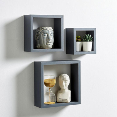 Home Source Berkley Set of 3 Cube Floating Storage Shelves Grey