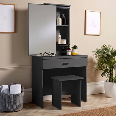 Home Source Berlin 1 Drawer Dressing Table Set with Sliding Vanity Mirror and Stool Black
