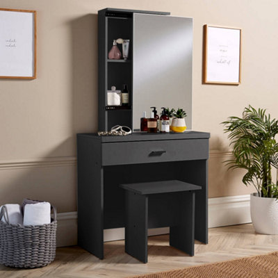 Home Source Berlin 1 Drawer Dressing Table Set with Sliding Vanity Mirror and Stool Black