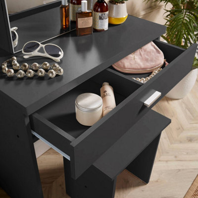 Home Source Berlin 1 Drawer Dressing Table Set with Sliding Vanity Mirror and Stool Black