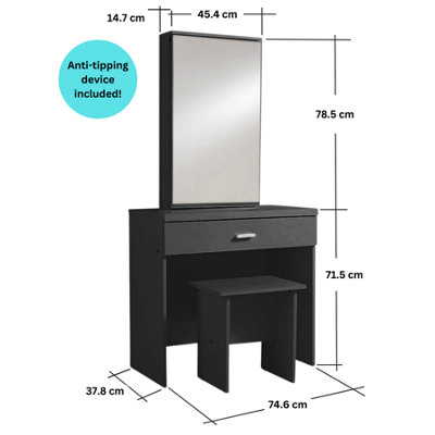 Home Source Berlin 1 Drawer Dressing Table Set with Sliding Vanity Mirror and Stool Black