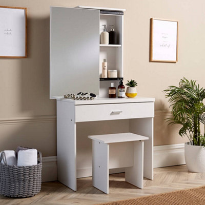 Home Source Berlin 1 Drawer Dressing Table Set with Sliding Vanity Mirror and Stool Grey