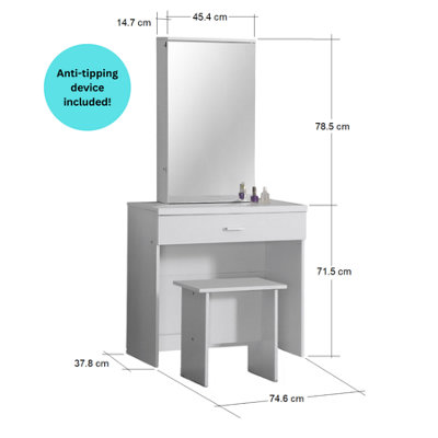 Home Source Berlin 1 Drawer Dressing Table Set with Sliding Vanity Mirror and Stool Grey