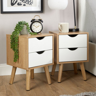 Home Source Boden Pair of 2 Drawer Oak White Bedside Table Storage Units