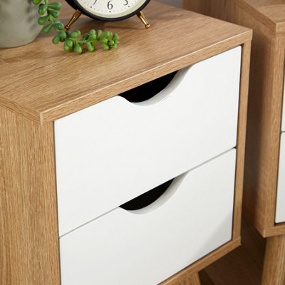 Home Source Boden Pair of 2 Drawer Oak White Bedside Table Storage Units