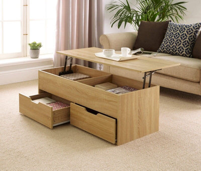 Home Source Bruges 2 Drawer Lift Up Coffee Table Natural Oak