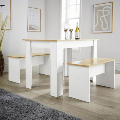 Home Source Camden Kitchen Breakfast Dining Table and Bench Set White