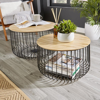 Home Source Canary Fully Assembled Set of 2 Round Industrial Wire Coffee Tables