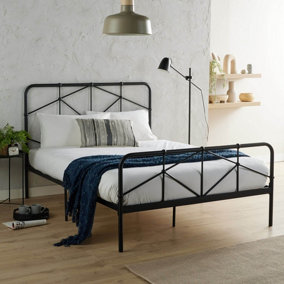 Home Source Caspian 4ft6 Black Metal Double Bed Frame Foundation Base with Slatted Support Black Headboard