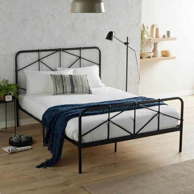 Home Source Caspian 4ft6 Black Metal Double Bed Frame Foundation Base with Slatted Support Black Headboard