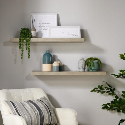Home Source Cloud Pair of 80cm Floating Wall Shelves Grey Oak Finish