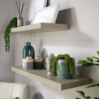 Home Source Cloud Pair of 80cm Floating Wall Shelves Grey Oak Finish