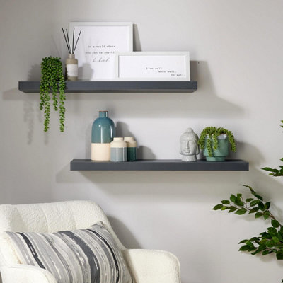 Home Source Cloud Pair of 80cm Floating Wall Shelves Grey DIY at B&Q