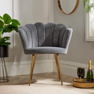 Home Source Compact Scallop Occasional Chair with Gold Metal Legs Grey