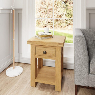 Home Source Copenhagen Fully Assembled Solid Wood with Oak Veneer 1 Drawer Side Table with Drawer and Shelf