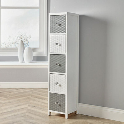 Home Source Crystal 5 Drawer Narrow Storage Chest White Grey