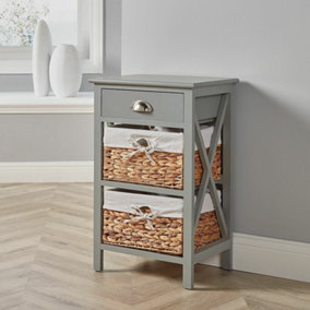 Home Source Dartmouth 1 Drawer with 2 Wicker Basket Drawer Bedside Table Unit Grey