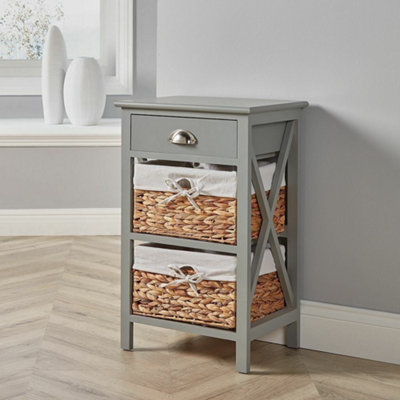 Home Source Dartmouth Fully Assembled 1 Drawer with 2 Wicker Basket Drawer Bedside Table Unit Grey