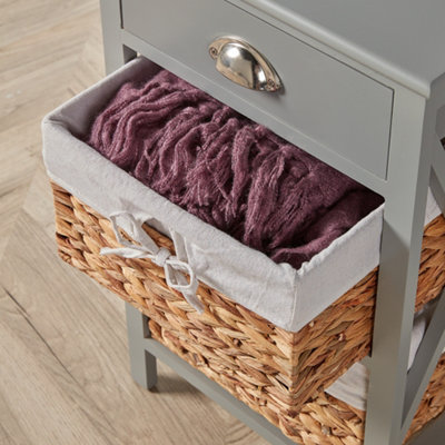 Home Source Dartmouth Fully Assembled 1 Drawer with 2 Wicker Basket Drawer Bedside Table Unit Grey