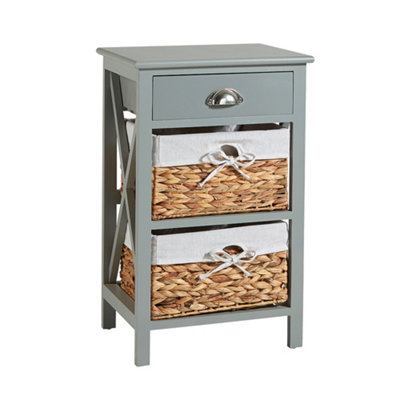 Home Source Dartmouth Fully Assembled 1 Drawer with 2 Wicker Basket Drawer Bedside Table Unit Grey