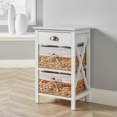 Home Source Dartmouth Fully Assembled 1 Drawer with 2 Wicker Basket Drawer Bedside Table Unit White