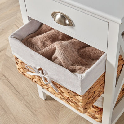 Home Source Dartmouth Fully Assembled 1 Drawer with 2 Wicker Basket Drawer Bedside Table Unit White