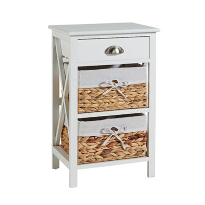 Home Source Dartmouth Fully Assembled 1 Drawer with 2 Wicker Basket Drawer Bedside Table Unit White