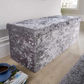 Home Source Extra Large Folding Storage Ottoman Crushed Velvet Ice Grey