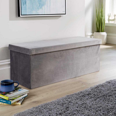 Home Source Extra Large Rectangular Grey Velvet Folding Storage Ottoman