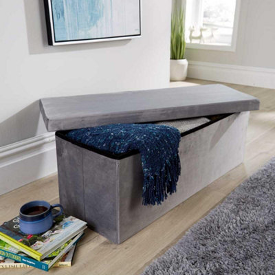 Home Source Extra Large Rectangular Grey Velvet Folding Storage Ottoman