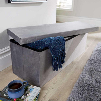 Home Source Extra Large Rectangular Grey Velvet Folding Storage Ottoman