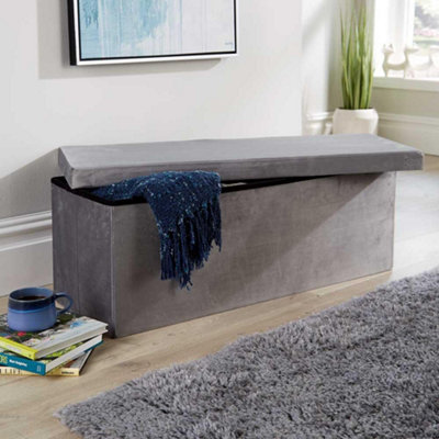 Home Source Extra Large Rectangular Grey Velvet Folding Storage Ottoman