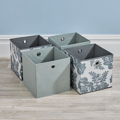 Home Source Fabric Cube Storage Box 4 Pack Mixed Floral Pattern Grey