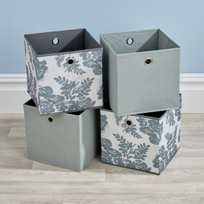 Home Source Fabric Cube Storage Box 4 Pack Mixed Floral Pattern Grey