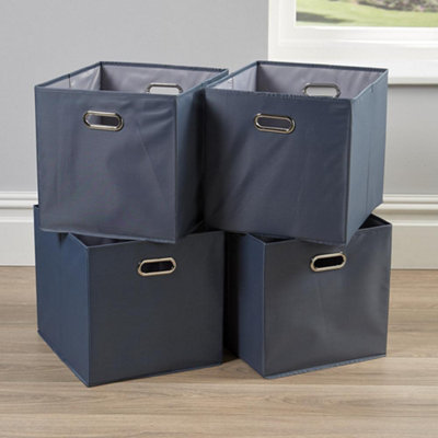 Home Source Fabric Cube Storage Box 4 Pack Oval Handle Grey