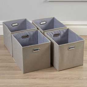 Home Source Fabric Cube Storage Box 4 Pack Oval Handle Silver Linen