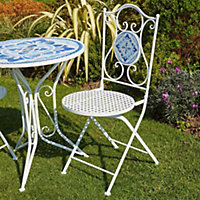 Home Source Fenton Mosaic Pair of Chairs Blue White Outdoor Conservatory Folding Metal Patio Bistro Seats