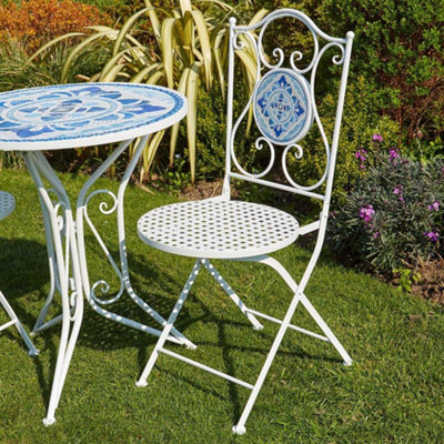 Home Source Fenton Mosaic Pair of Chairs Blue White Outdoor Conservatory Folding Metal Patio Bistro Seats