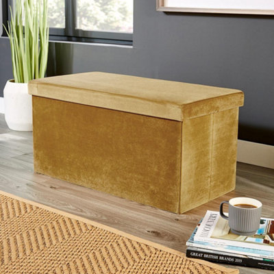 Home Source Flat Velvet Folding Storage Ottoman Mustard Yellow