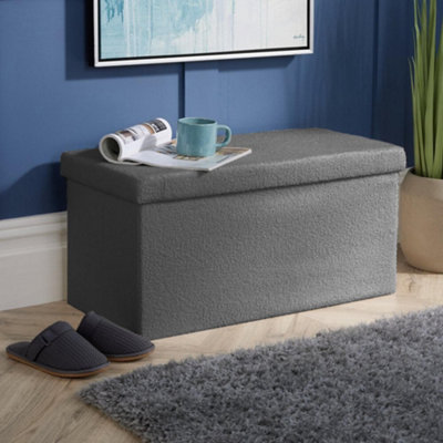 Home Source Folding Grey Rectangular Furry Ottoman