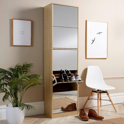 Home Source Heidi 6ft Mirrored Hallway Bedroom Shoe Cabinet Oak