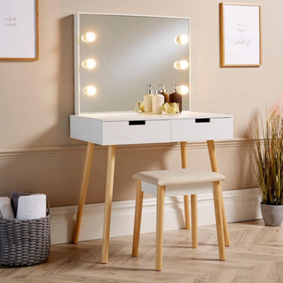 Home Source Hollywood 2 Drawer Light Mirror Dressing Table and Stool Set