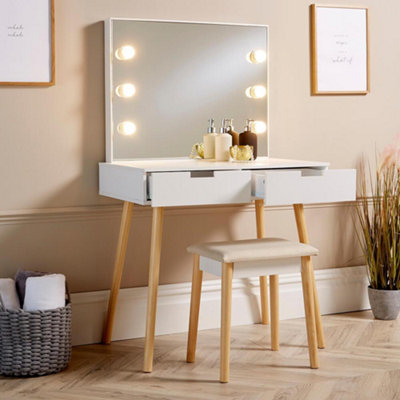 Home Source Hollywood 2 Drawer Light Mirror Dressing Table and Stool Set
