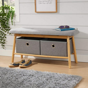 Home Source Jenson Bamboo Grey Padded Storage Bench Hallway Unit with 2 Pull Out Storage Boxes