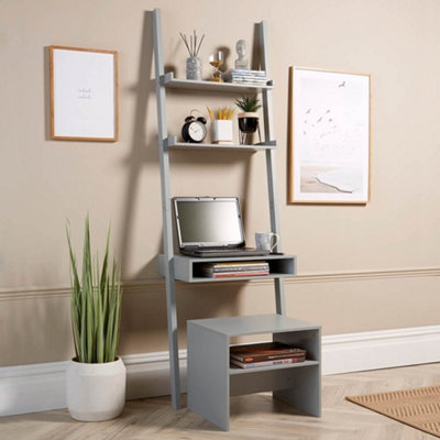 HOME SOURCE LADDER SHELF LAPTOP OFFICE DESK AND STOOL SET GREY