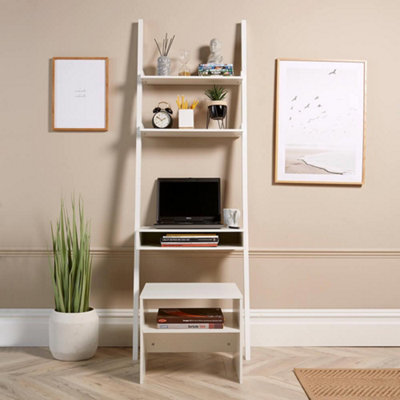 Home Source Ladder Shelf Laptop Office Desk and Stool Set White