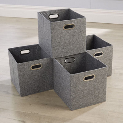 Home Source Large Fabric Cube Storage Box 4 Pack Oval Handle Grey