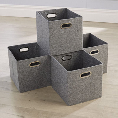 Home Source Large Fabric Cube Storage Box 4 Pack Oval Handle Grey Felt